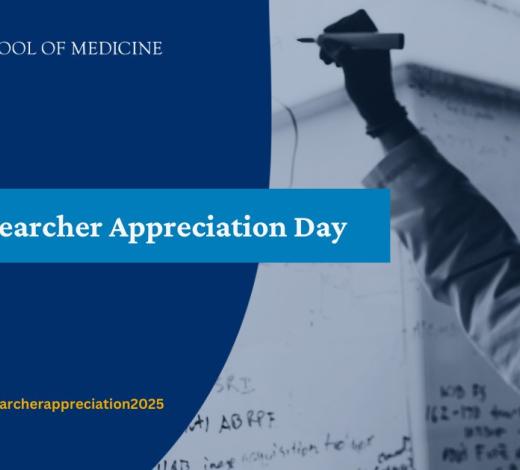 Photo of a female writing out equations on a glass window. The words "2025 Researcher Appreciation Day" are superimposed on the image.