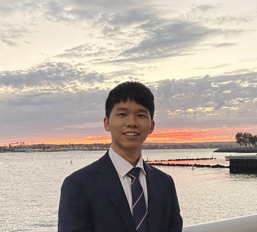 Person in a suit standing by the water at sunset, with a cloudy sky and shoreline in the background.