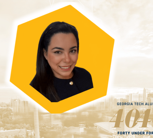 Portrait of a Georgia Tech 40 Under 40 honoree in a gold hexagon graphic with an Atlanta skyline background and the words “Georgia Tech Alumni 40 40 Forty Under Forty.”