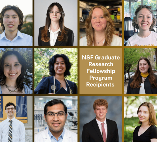Graphic featuring 10 student portrait photos surrounding the text, “NSF Graduate Research Fellowship Program Recipients,” in a gold center panel. Black and gold accents frame the collage.