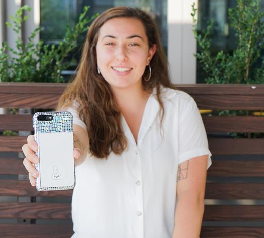 Fourth-year biomedical engineering undergraduate Sammie Hasen with BCase, a storage solution for birth control or other multi-pill packs that attaches to a smartphone. BCase was one of six finalists in the 2021 InVenture Prize. (Photo Courtesy: Sammie Hasen)