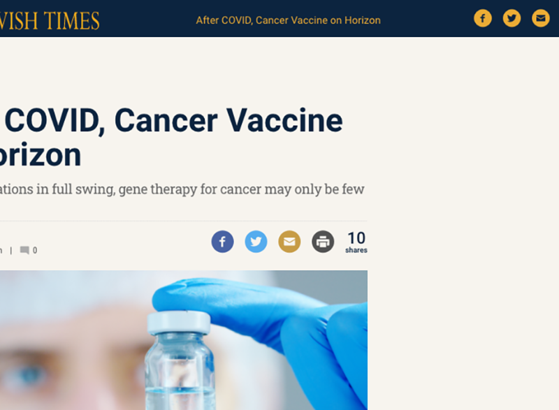 A screenshot of the Atlanta Jewish Times story, "After COVID, Cancer Vaccine on Horizon," which includes Coulter Department Regents Professor Mark Borodovsky.