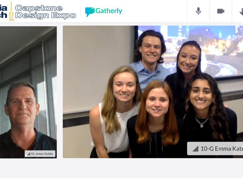 The first-place biomedical engineering team with advisor James Stubbs on the Gatherly platform after the Spring 2021 Capstone Design Expo. In the front row, left to right, are Team Milk Maids members Emma Kate Costanza, Brielle Lonsberry, and Simran Dhal. In the back are Austin Stachowski, left, and Amanda Wijntjes.