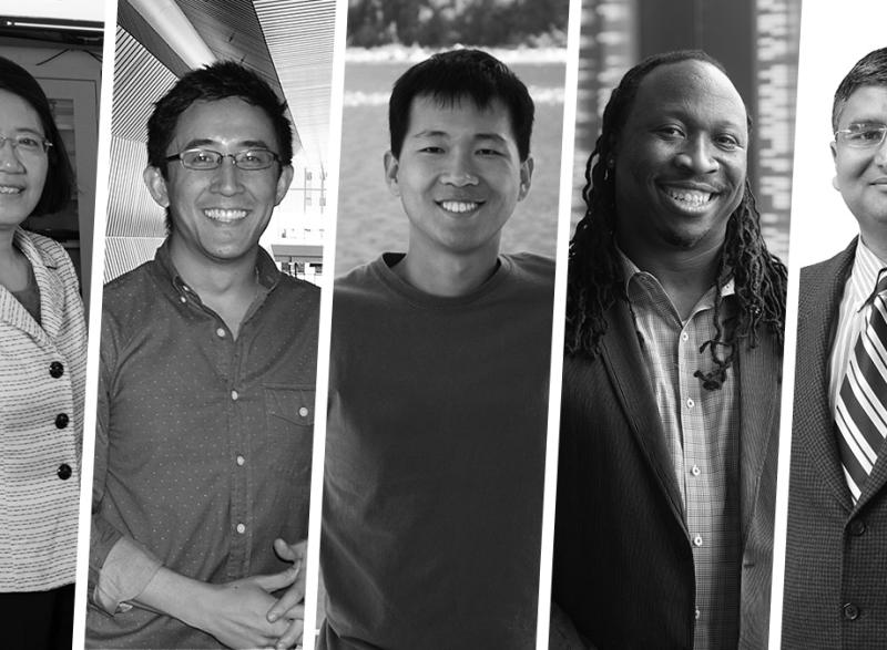 Newly appointed distinguished faculty fellows in the Wallace H. Coulter Department of Biomedical Engineering. From left, May Dongmei Wang, Gabe Kwong, Peng Qiu, Manu Platt, and Jaydev Desai.