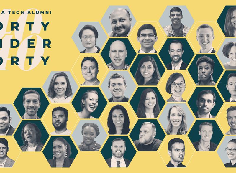 Georgia Tech Alumni Association 40 Under 40 graphic with all honorees in hexagonal headshots on a yellow background.