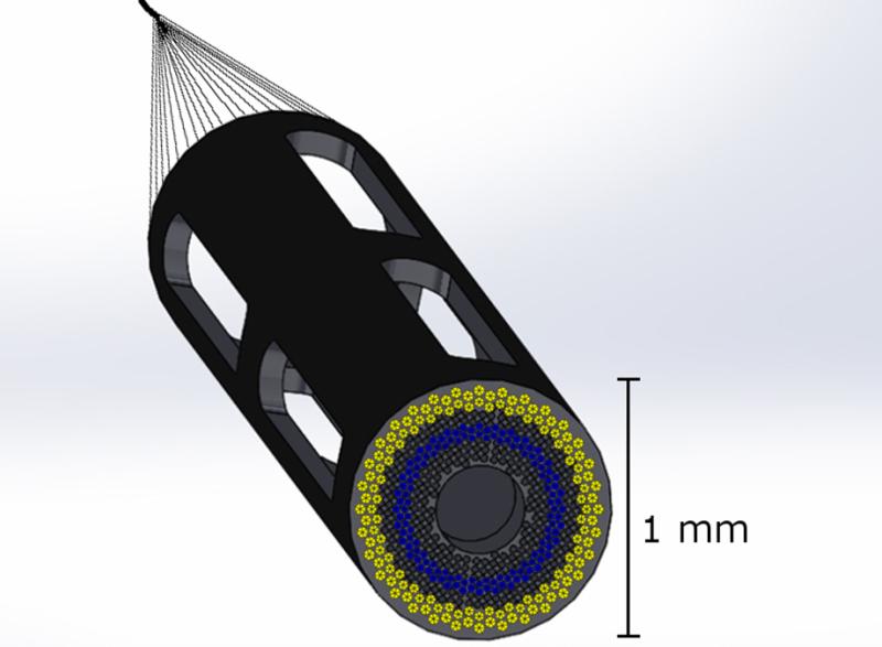Proposed design of a 1mm catheter-based ultrasound device designed to simultaneously measure plaque composition, artery structure, and hemodynamics in 3D in coronary arteries. The device minimizes disturbances to blood flow from the catheter itself. Assistant Professor Brooks Lindsey is leading a new $2.5 million project to develop the device, which will help doctors assess whether patients need aggressive treatment to prevent a heart attack. (Image Courtesy: Brooks Lindsey)