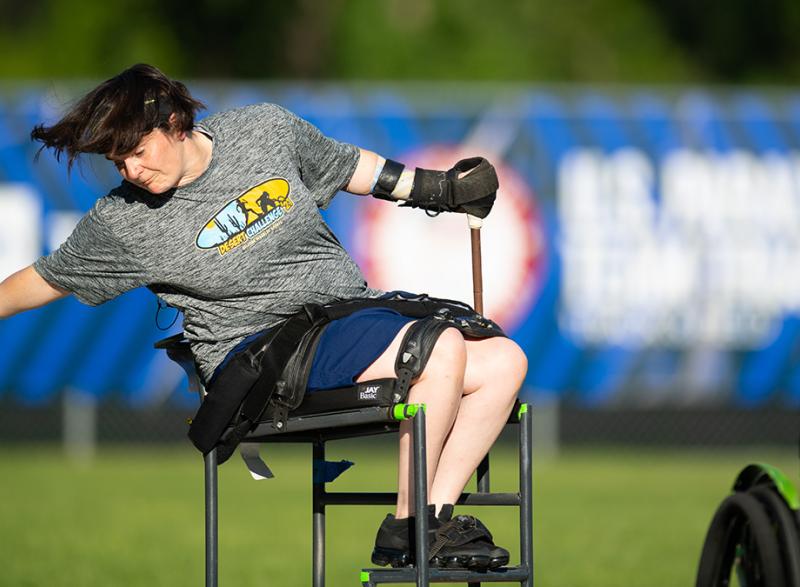 Cassie Mitchell competes in the discus throw at the U.S. Paralympic Trials in June. The biomedical engineering assistant professor is headed to her third Paralympic Games this year, where she hopes to complete her medal set with a long-sought-after gold in discus or club throw. (Photo Courtesy: Mark Reis/U.S. Paralympics Track & Field)