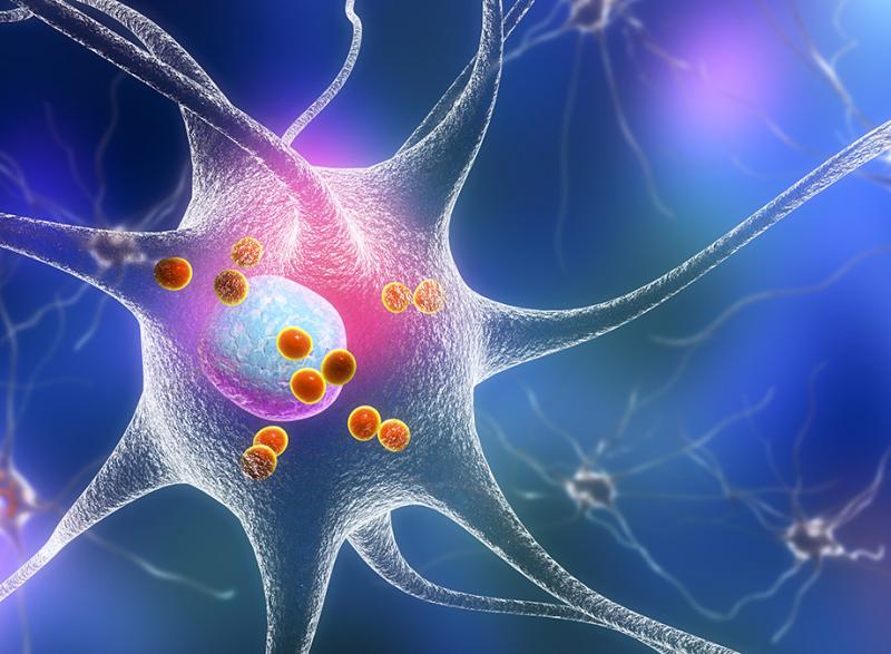 Parkinson's disease. 3D illustration showing neurons containing Lewy bodies, small red spheres which are deposits of proteins accumulated in brain cells that cause their progressive degeneration. (Licensed from Big Stock Photo)