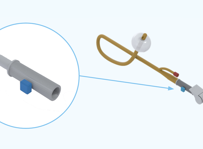 The Augment Health Bladder Management Device. The device is a sensor that fits between the catheter and catheter valve and sends notifications to a smartphone or other device when the user's bladder is full. (Image Courtesy: Augment Health)