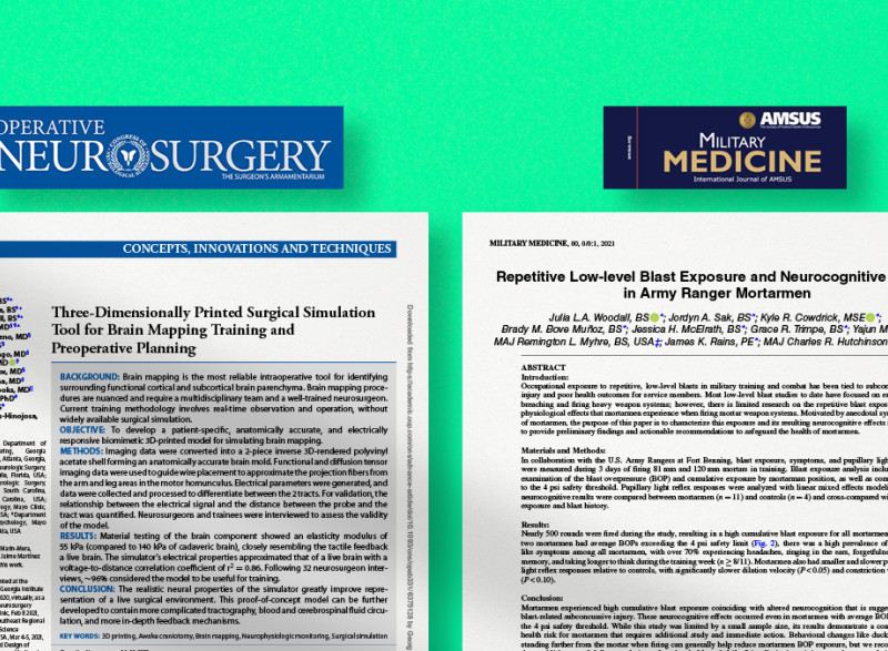 Illustration of two published papers with journal names, Operative Neurosurgery and Military Medicine. (Illustration: Manit Rambhia)
