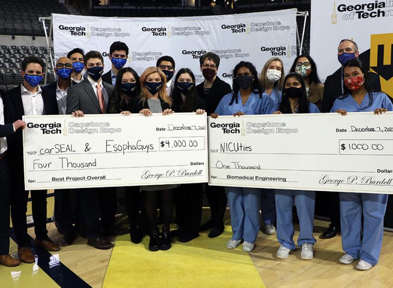 Biomedical engineering teams won both of the top project awards at the Fall 2021 Capstone Design Expo Dec. 7. For the first time, two teams won Best Overall Project —Team EsophaGuys for the online version of the expo and Team carSEAL for the in-person. The top BME team award went to NICUties. (Photo: Joshua Stewart)