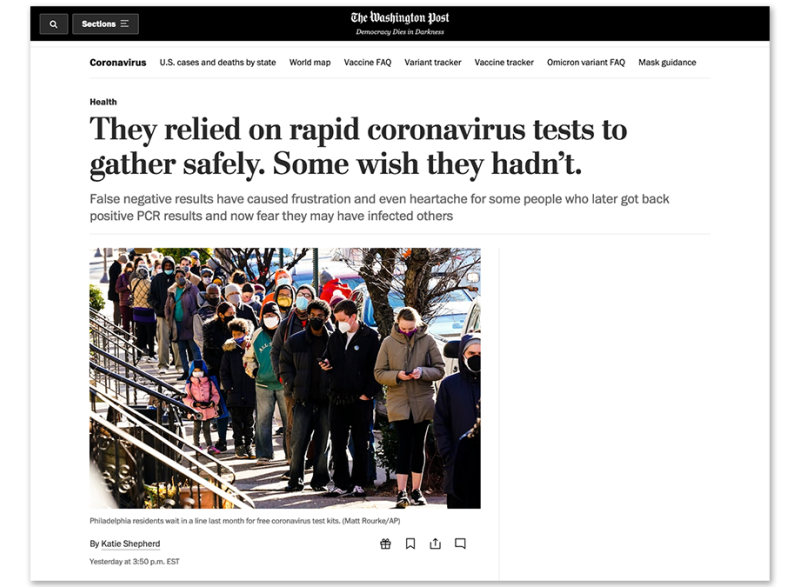 Screenshot of Washington Post story, "They relied on rapid coronavirus test to gather safely. Some wish they hadn't."