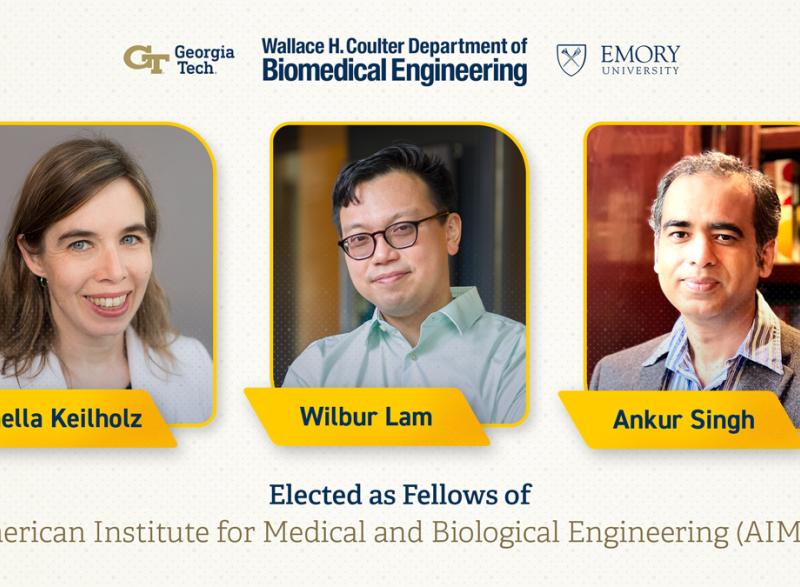 Headshots of Shella Keilholz, Wilbur Lam, and Ankur Singh. Text: Elected as Fellows of American Institute for Medical and Biological Engineering (AIMBE).