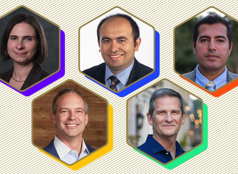 Headshots of Laura Christian, Ahmet Coskun, Maysam Nezafati, James Rains, and James Stubbs in hexagons.