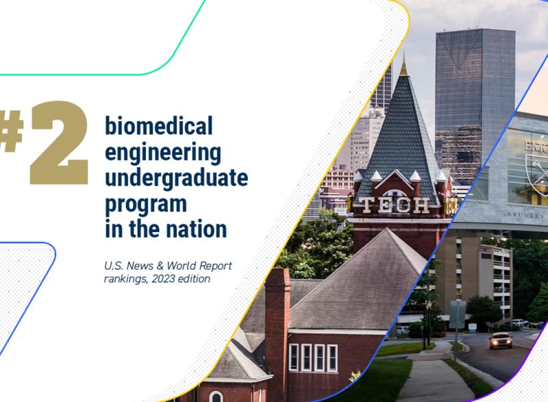 #2 biomedical engineering undergraduate program in the nation (US News and World Report 2023 rankings) with photos of Tech tower and Emory's Brumley Bridge.