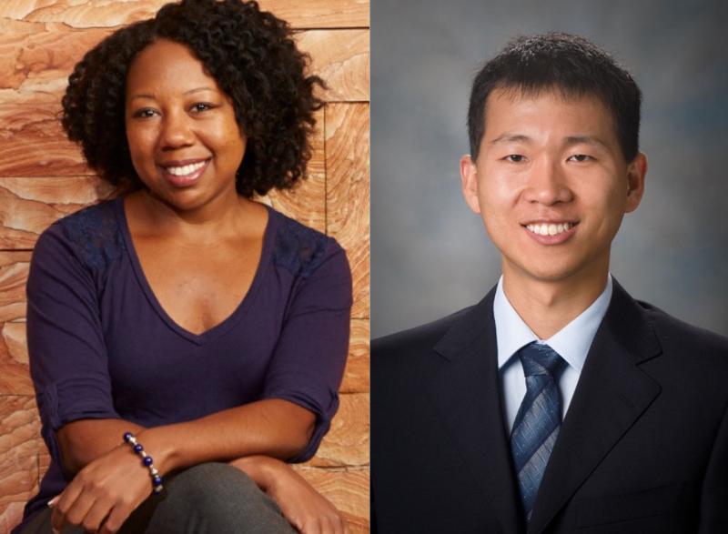 Two headshot photos of professors. Karmella Haynes is the left photo and Peng Qiu is the right photo.