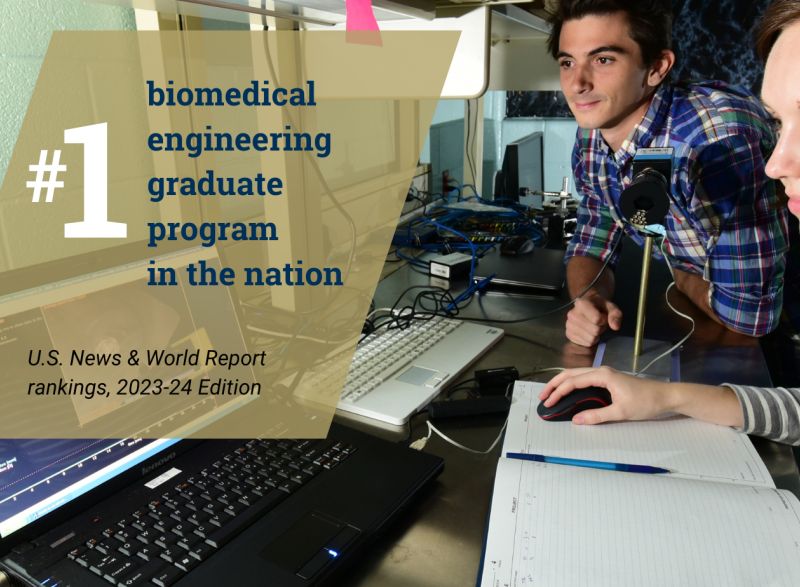 Graphic of one female student and one male student looking at a computer in a lab. A text box on top of the image says number 1 biomedical engineering graduate program in the nation