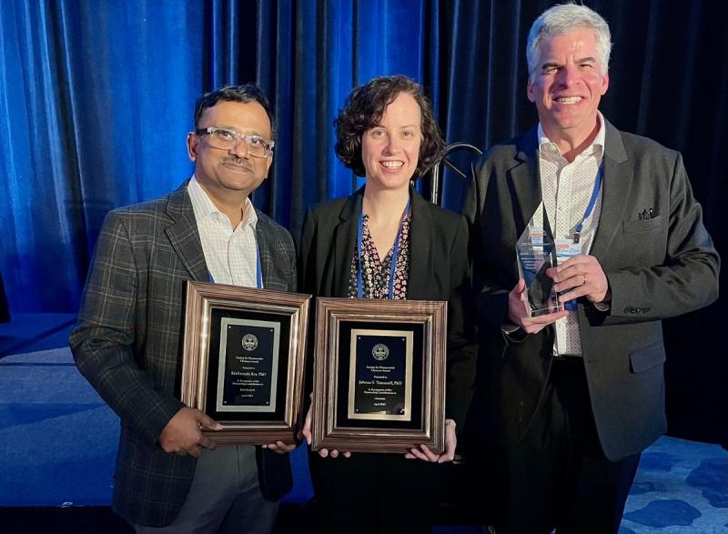 Photo of three Georgia Tech faculty holding award plaques. From left to right: Krishnendu Roy, Johnna Temenoff, and Andres Garcia.