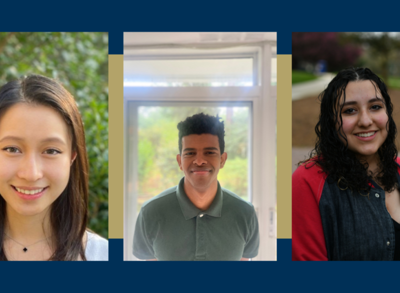 Photo of three students. From left to right: Emily Yan, Zakir Ahmedin, and Rachel Kroger