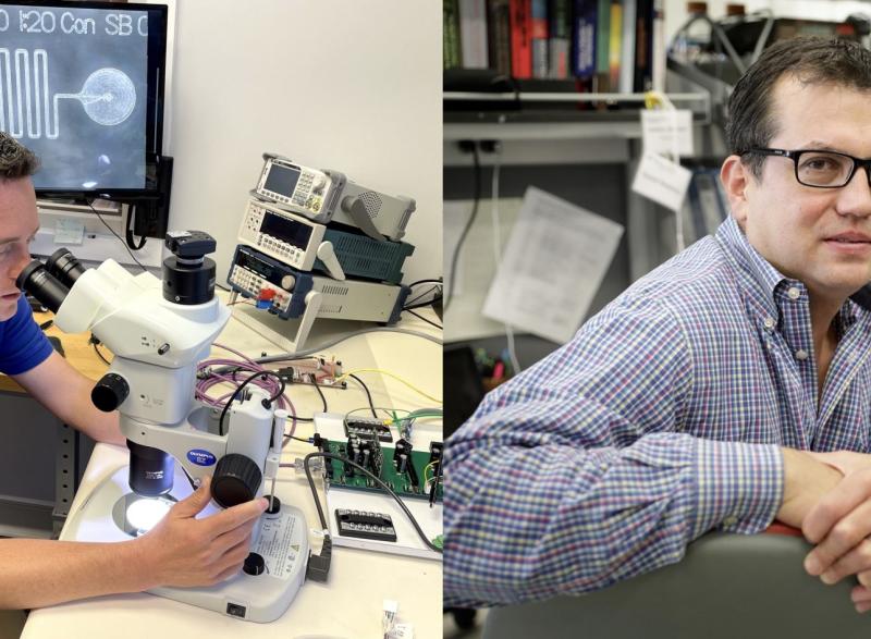 Photos of two researchers. The photo on the left is of Jeff Schulz looking through a microscope. The photo on the right is of Rafael Davalos.