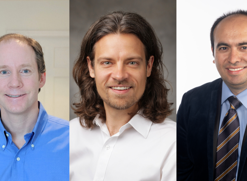 Collage of headshot photos left to right of professors Charles Kemp, David Myers, and Ahmet Coskun.