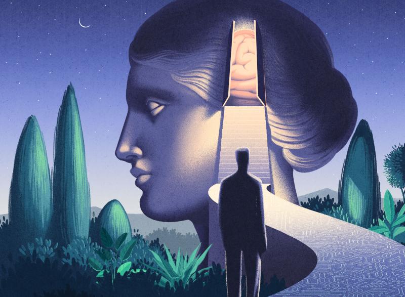 Stylized illustration of the side profile of a woman in the background painted in blues and purples with a door opening where her brain would be. The door has a winding path that leads down and away from her head toward the foreground of the illustration where a man whose back is turned away from the viewer is standing at the end of the path like a shadowy figure. There are green topiary bushes on both sides of the path. This picture is titled "Gateway to Memory" and relates to Dr. Singer's research.