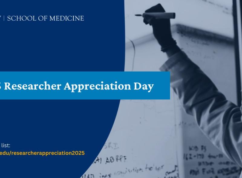 Photo of a female writing out equations on a glass window. The words "2025 Researcher Appreciation Day" are superimposed on the image.