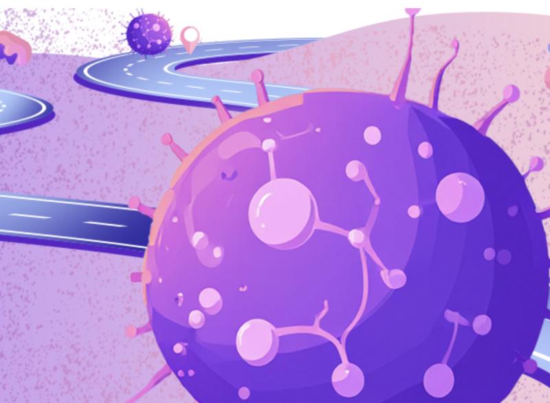 Illustration of a cancer cell moving along a road