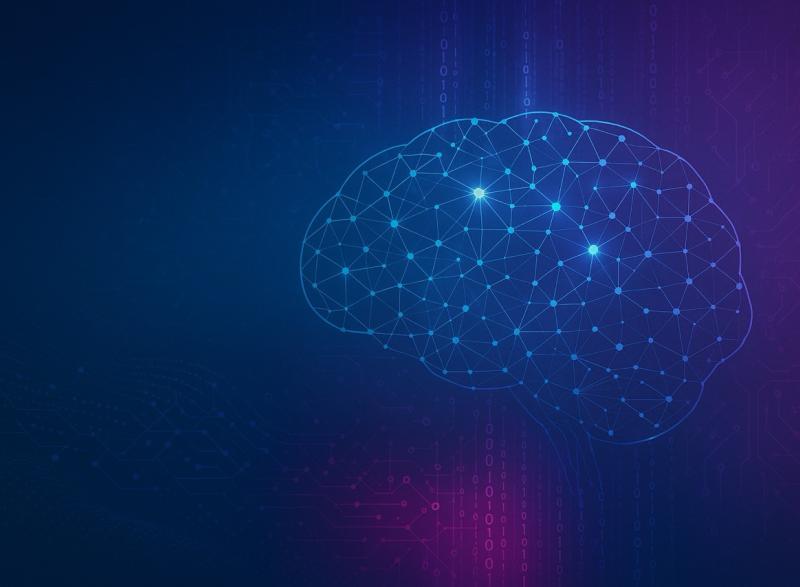 Graphic of an abstract, AI-driven design featuring a glowing brain silhouette with interconnected neural nodes and data streams in the background.