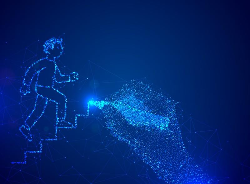 Digital graphic of a pixelated male figure walking up a set of stairs as a hand draws the stands at the same time.