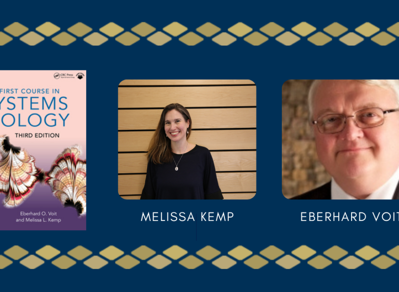 A graphic image of a pink textbook titled "A First Course in Systems Biology" along with headshot photos of co-authors and Coulter BME faculty members Melissa Kemp and Eberhard Voit.