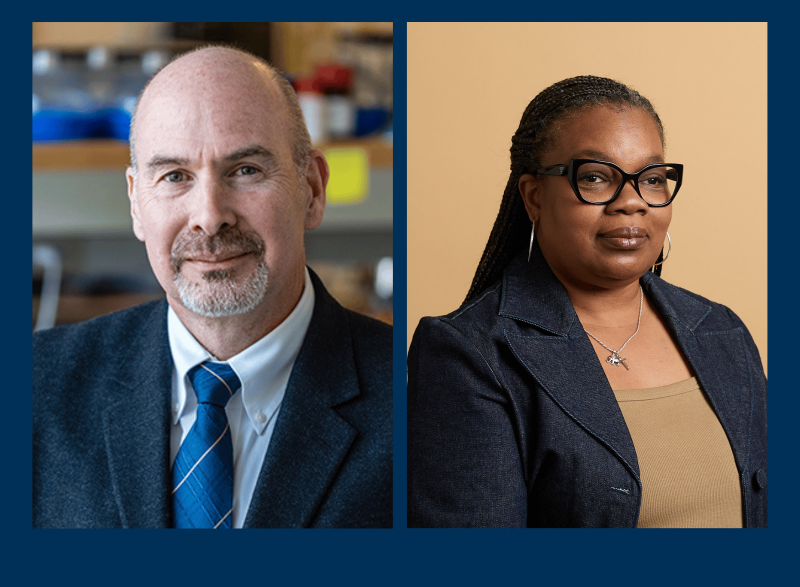 Side-by-side portraits of two faculty members, one photographed in a laboratory environment and the other against a neutral backdrop.