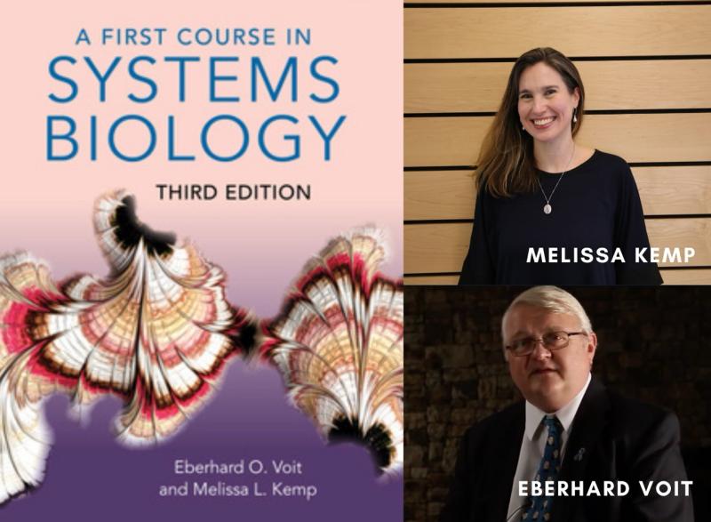 Photo of the cover of the Systems Biology textbook next to a photo of co-author Melissa Kemp and co-author Eberhard Voit.