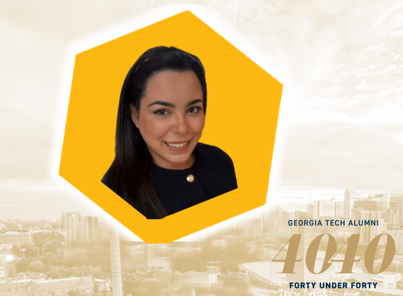 Portrait of a Georgia Tech 40 Under 40 honoree in a gold hexagon graphic with an Atlanta skyline background and the words “Georgia Tech Alumni 40 40 Forty Under Forty.”