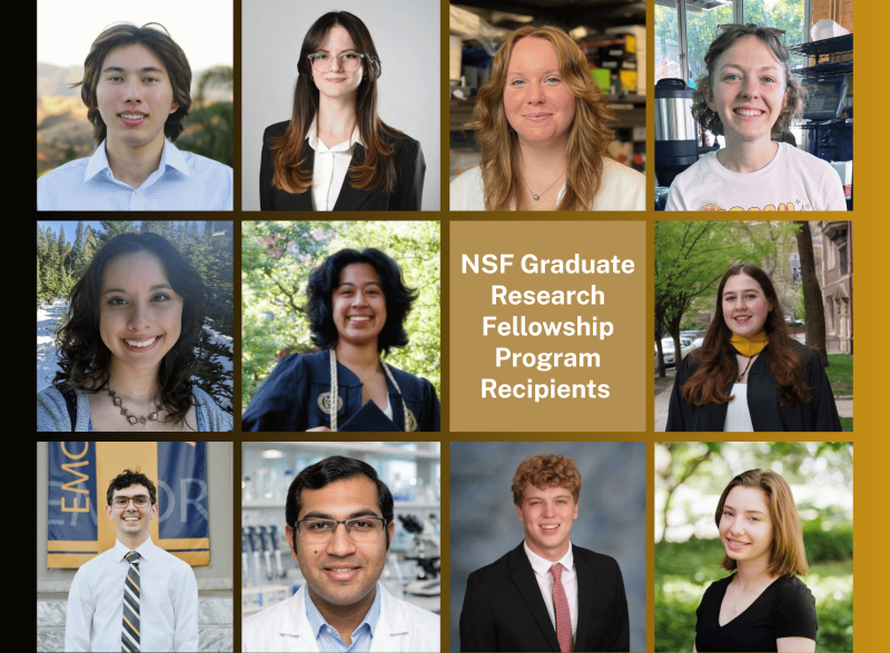 Graphic featuring 10 student portrait photos surrounding the text, “NSF Graduate Research Fellowship Program Recipients,” in a gold center panel. Black and gold accents frame the collage.