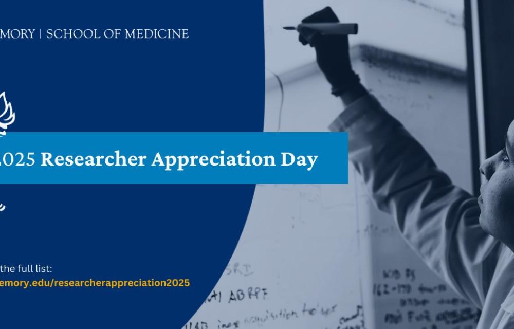 Photo of a female writing out equations on a glass window. The words "2025 Researcher Appreciation Day" are superimposed on the image.