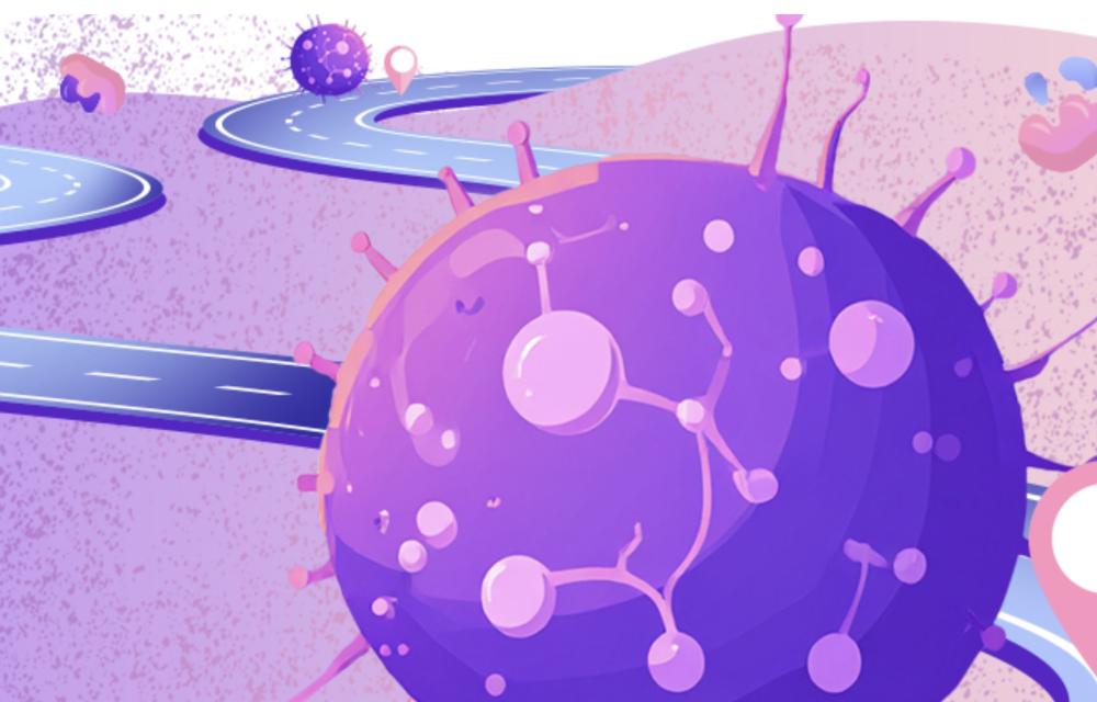 Illustration of a cancer cell moving along a road