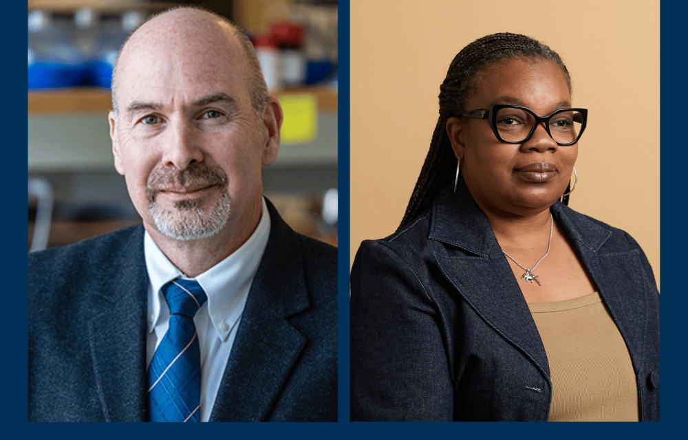 Side-by-side portraits of two faculty members, one photographed in a laboratory environment and the other against a neutral backdrop.