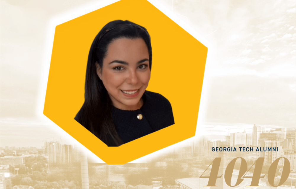Portrait of a Georgia Tech 40 Under 40 honoree in a gold hexagon graphic with an Atlanta skyline background and the words “Georgia Tech Alumni 40 40 Forty Under Forty.”