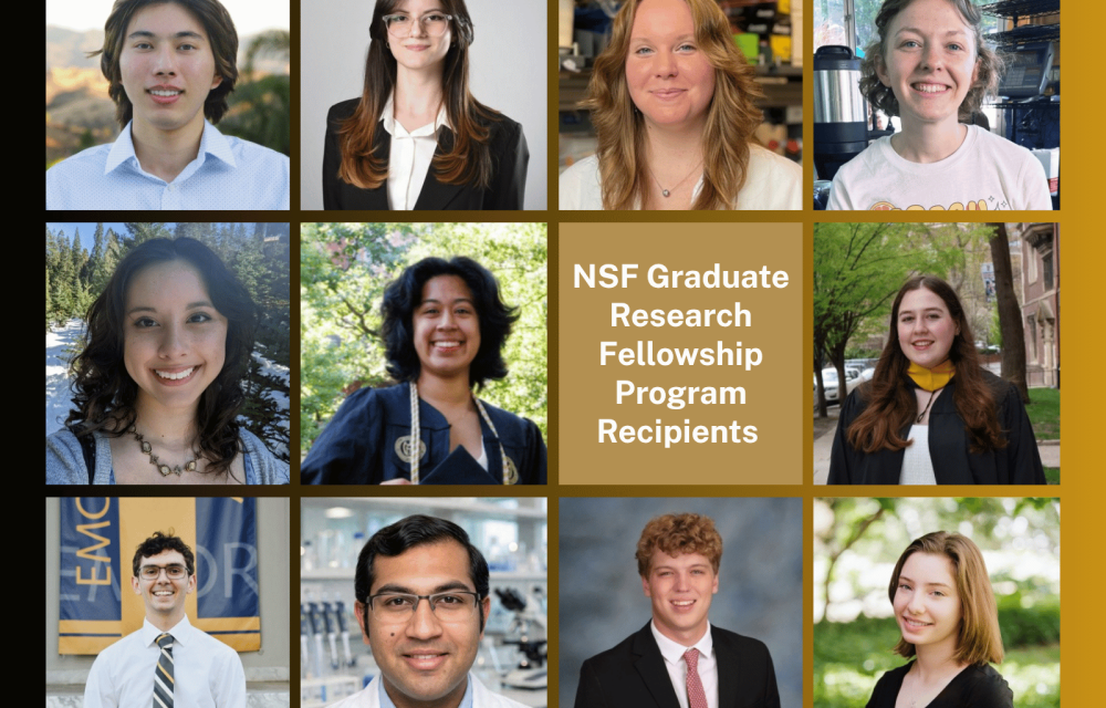 Graphic featuring 10 student portrait photos surrounding the text, “NSF Graduate Research Fellowship Program Recipients,” in a gold center panel. Black and gold accents frame the collage.