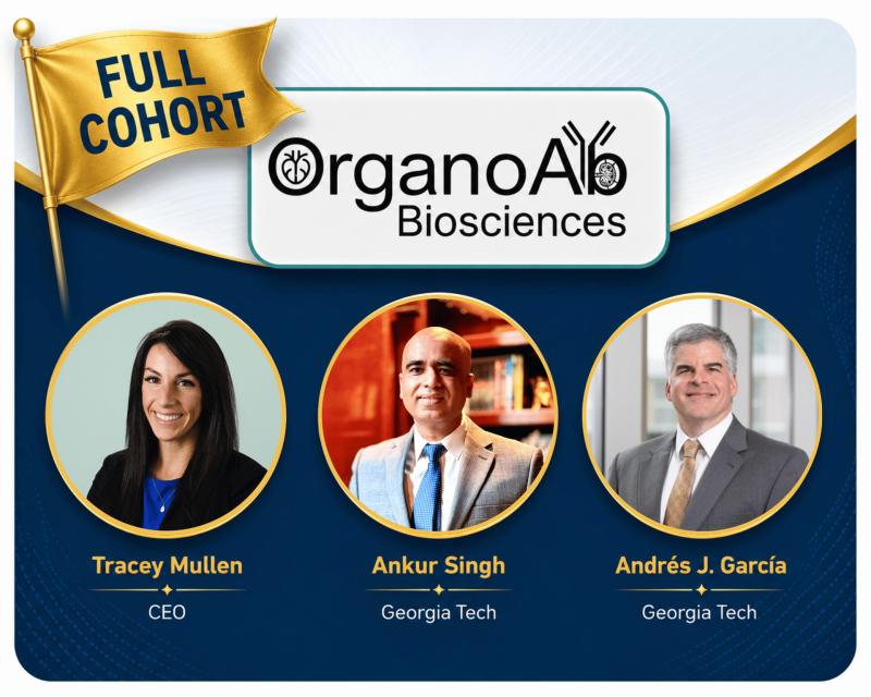 Graphic with a gold “Full Cohort” flag and OrganoAB Biosciences title, showing three circular headshots labeled Tracey Mullen (CEO), Ankur Singh (Georgia Tech), and Andrés J. García (Georgia Tech).