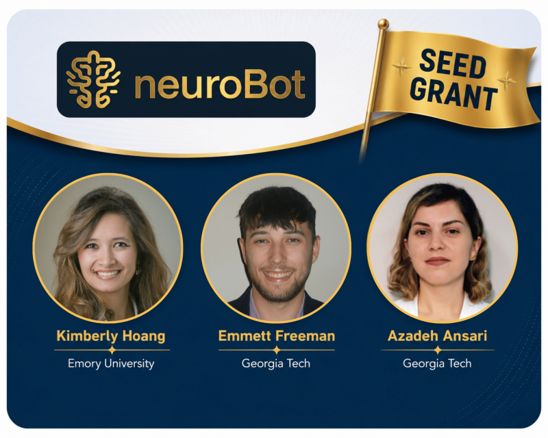 Graphic with neuroBot logo and a gold “Seed Grant” flag, featuring three circular headshots labeled Kimberly Hoang (Emory University), Emmett Freeman (Georgia Tech), and Azadeh Ansari (Georgia Tech).